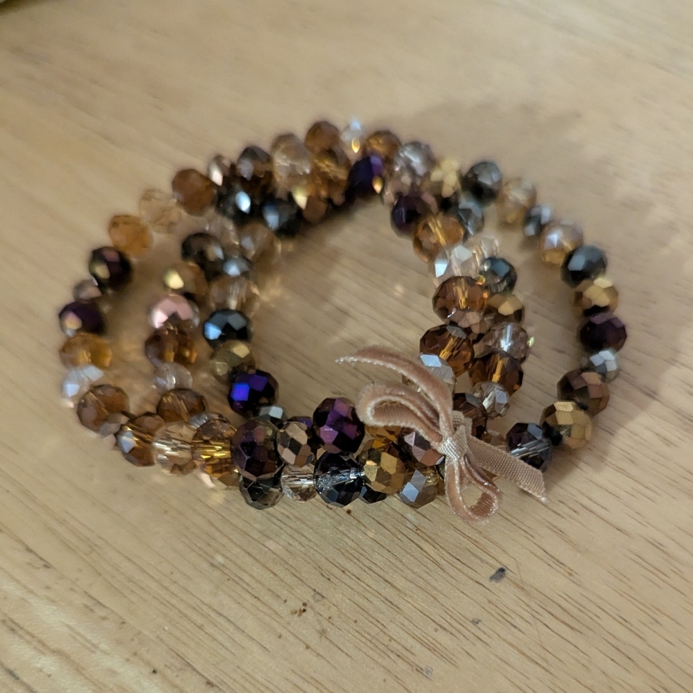 Handmade Beaded Bracelet Set with Peach Ribbon Accent